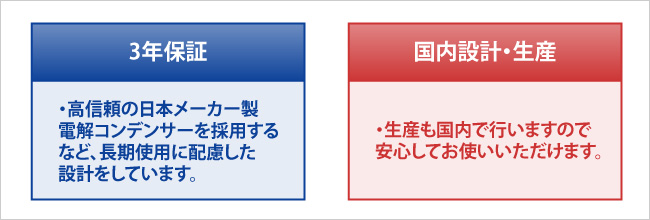 3年保証、保守対応、国内設計・生産で安心。