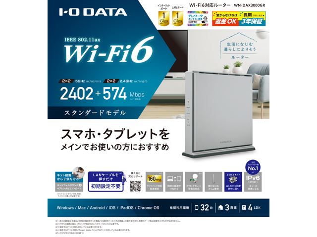 WN-DAX3000GR 仕様 | Wi-Fi（無線LAN）ルーター | IODATA アイ・オー