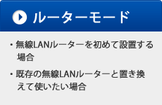 「ルーターモード」無線LANルーターを初めて設置する場合、既存の無線LANルーターと置き換えて使いたい場合