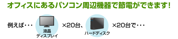 オフィスにあるパソコン周辺機器で節電ができます！例えば・・・液晶ディスプレイ×20台、ハードディスク×20台で・・・