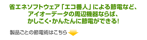 省エネソフトウェア「エコ番人」による節電など、アイオーデータの周辺機器ならば、かしこく・かんたんに節電ができる！製品ごとの節電術はこちら↓