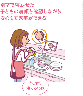 別室で寝かせた子どもの寝顔を確認しながら安心して家事ができる