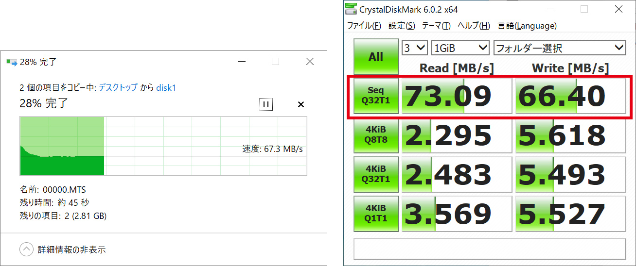 左：動画ファイルのコピー中　右：ベンチマークソフトによるテスト結果