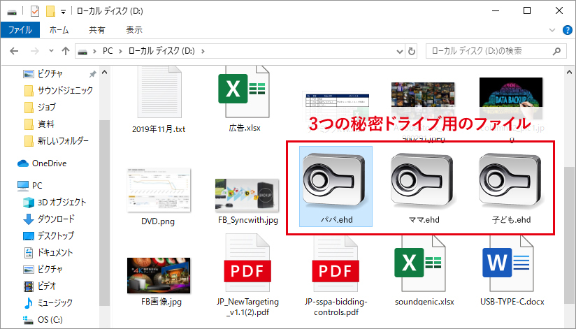 3つの秘密ドライブ用のファイルが作成された