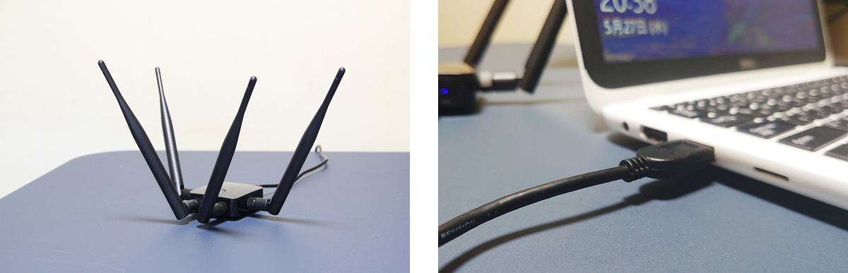 左：自由な角度に調整可能な4本のアンテナ　右：USBケーブルで接続