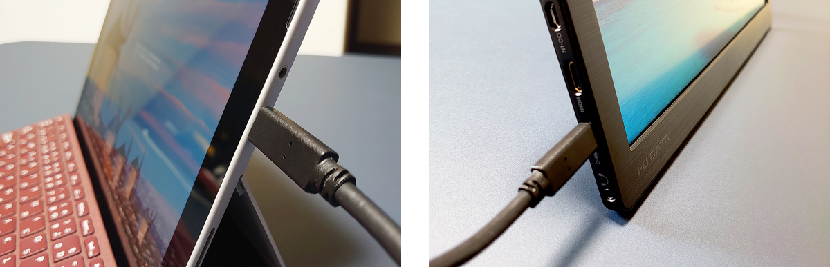 左：「Surface Go」のType-Cポート　右：モバイルディスプレイ「LCD-CF131XDB-M」のType-Cポート
