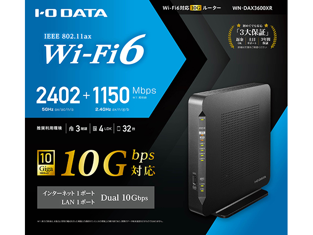 インターネットポート、有線LANポート10Gbps対応のWi-Fi 6ルーター「WN-DAX3600XR（2402＋1150Mbps）」 IODATA  アイ・オー・データ機器