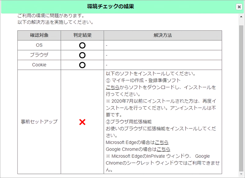 環境チェックの結果