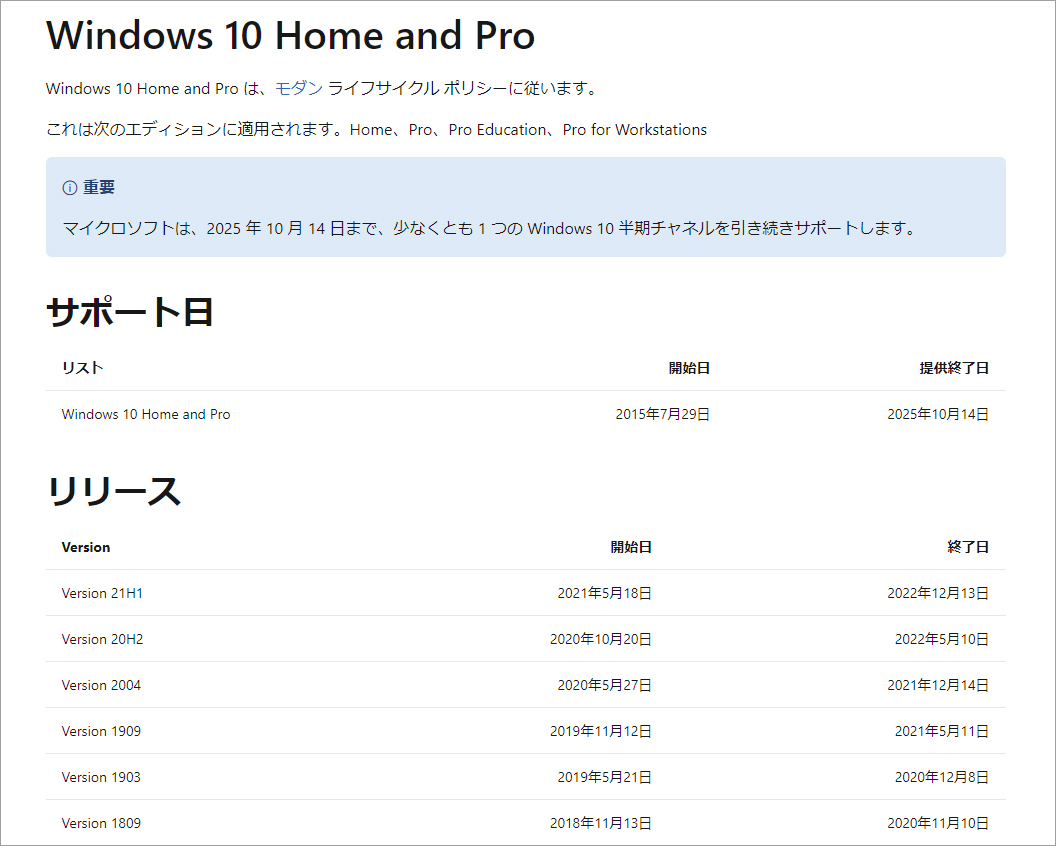 Windows 10 Home and Proエディションのサポート