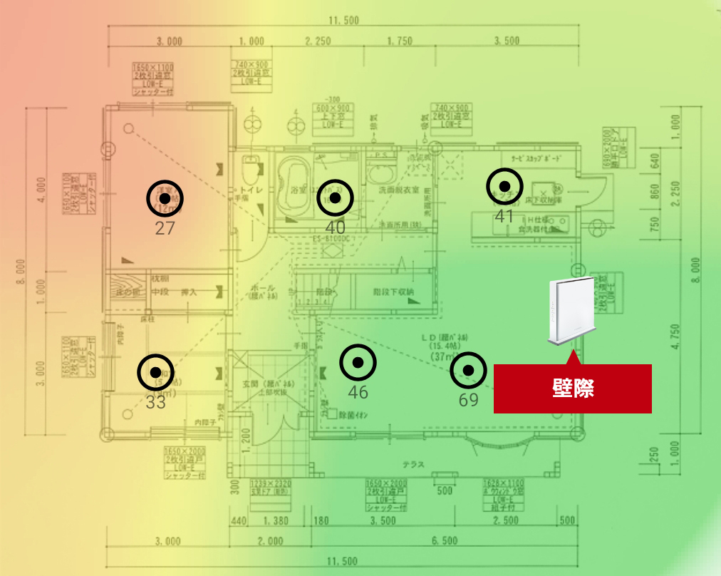 （ヒートマップ）Wi-Fiルーターを壁際の棚の上に設置した場合