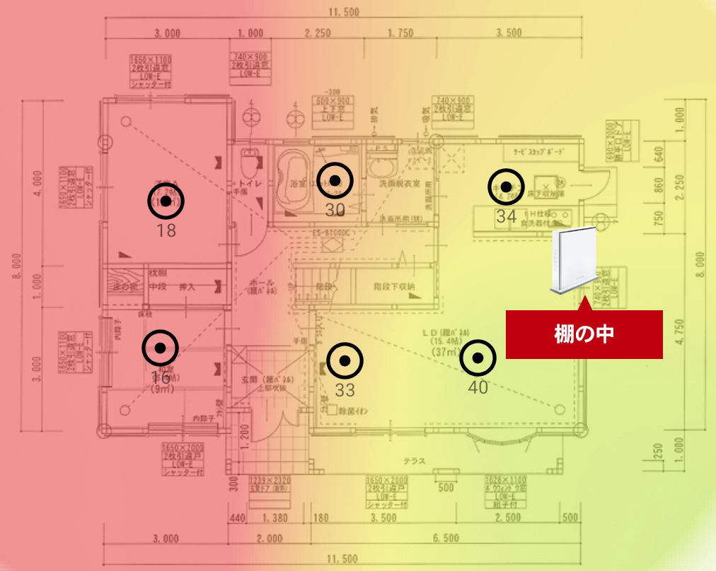 （ヒートマップ）Wi-Fiルーターを棚の中に設置した場合