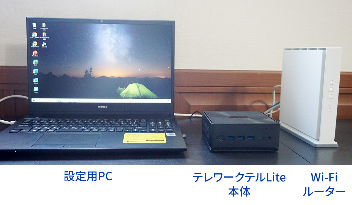 左から設定用PC、テレワークテルLite本体、Wi-Fiルーター