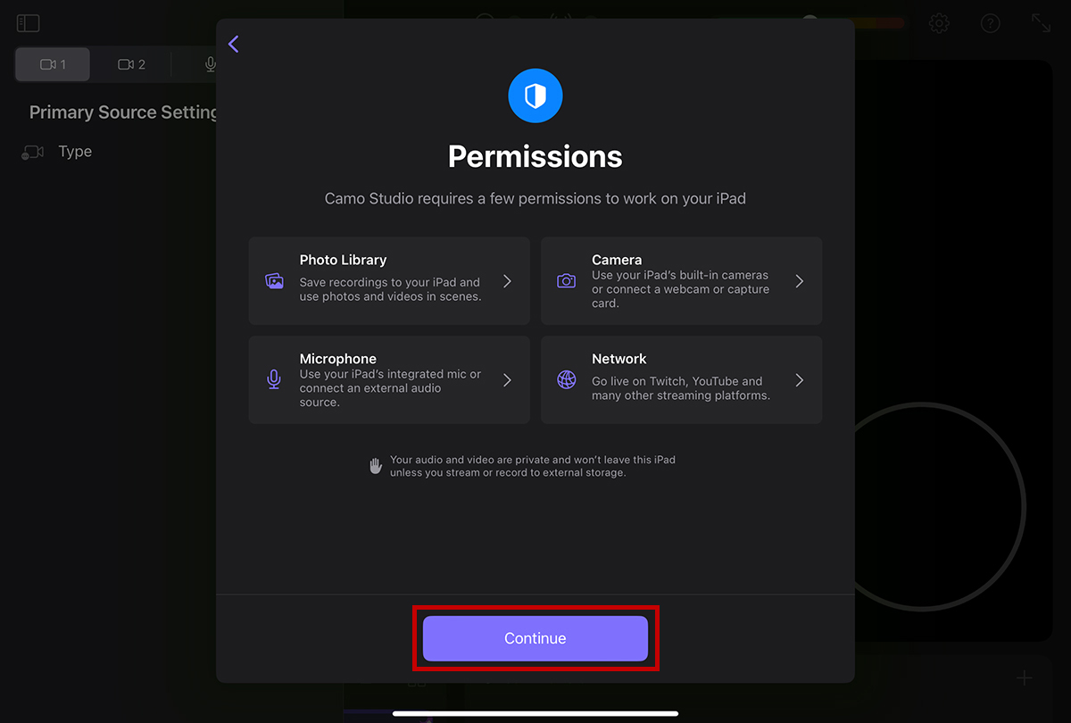 Permissionsの画面が表示されます。iPadのカメラやマイクなどのアクセスを許可する設定になります。［Continue］をタップして次に進みます。