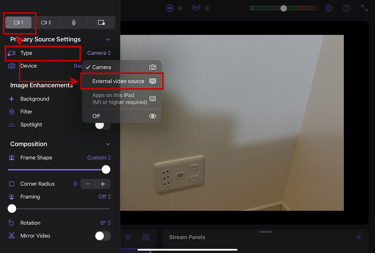 ［カメラ1］を選択し、［Type］をタップして［External video source］を選択します。