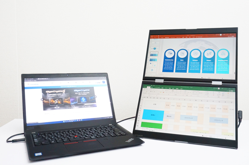 ノートPCと14型デュアルモバイルディスプレイ「LCD-YC1412DXシリーズ」