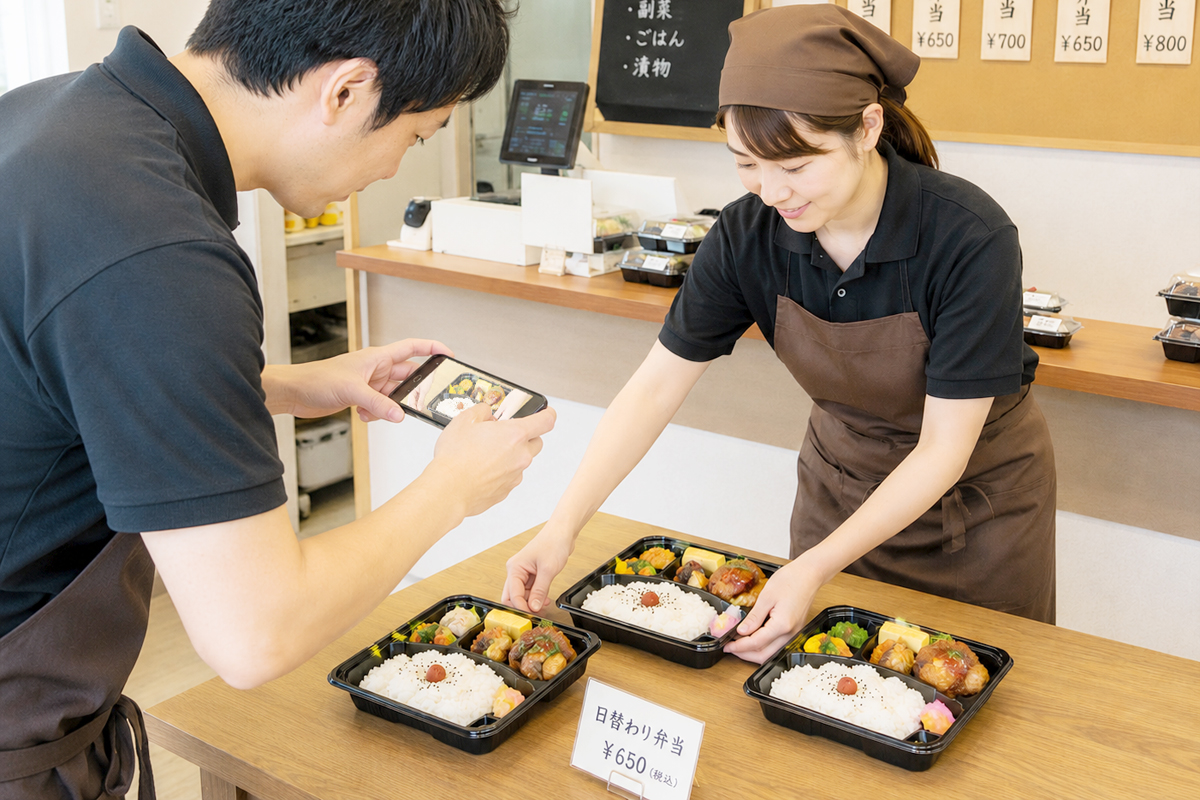 サイネージ画像をスマホで作成する店舗スタッフ