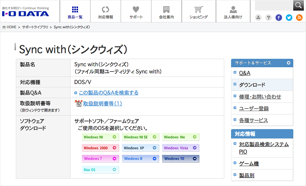 サポートライブラリ Sync withの画面