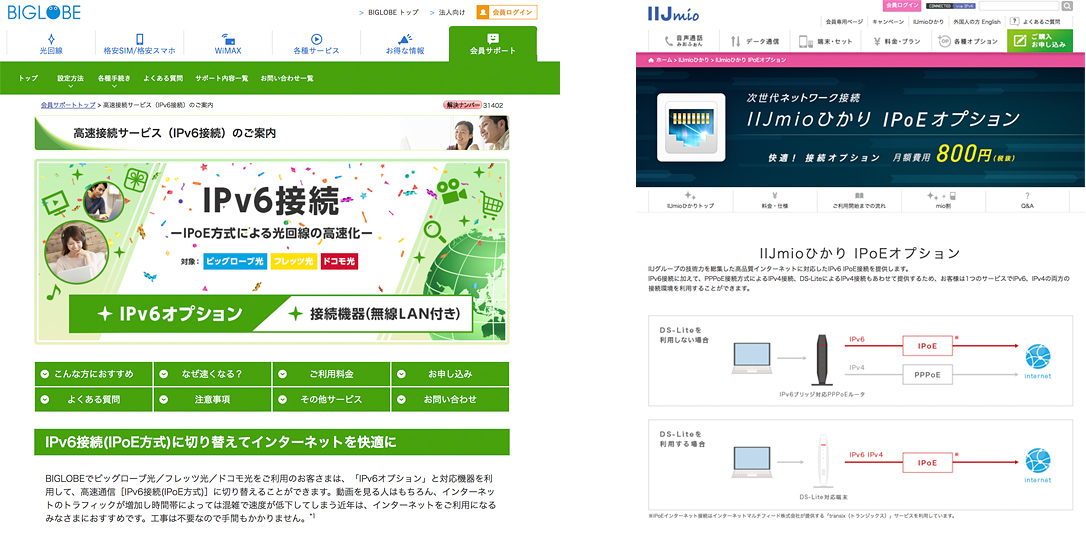 BIGLOBEのIPv6オプションとIIJmioひかりのIPoEオプション