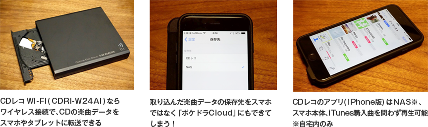 CDレコWi-Fi（CDRI-W24AI）なら
ワイヤレス接続で、CDの楽曲データをスマホやタブレットに転送できる