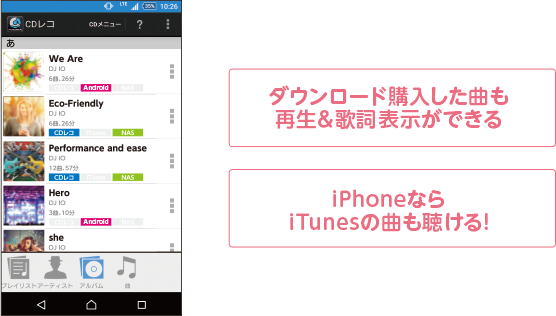 ダウンロード購入した曲も再生＆歌詞表示ができる/iPhoneならiTunesの曲も聴ける!