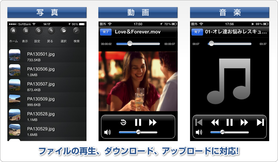 ファイルの再生、ダウンロード、アップロードに対応!