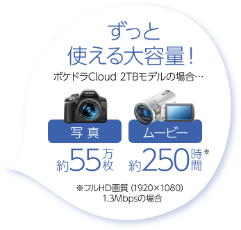 ずっと使える大容量！ ポケドラCloud 2TBモデルの場合… 写真 約55万枚 ムービー 約250時間 ※フルHD画質（1920×1080）1.3Mbpsの場合