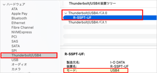 Thunderbolt/USB4バス配下にIODATAのデバイス名が表示されている画面